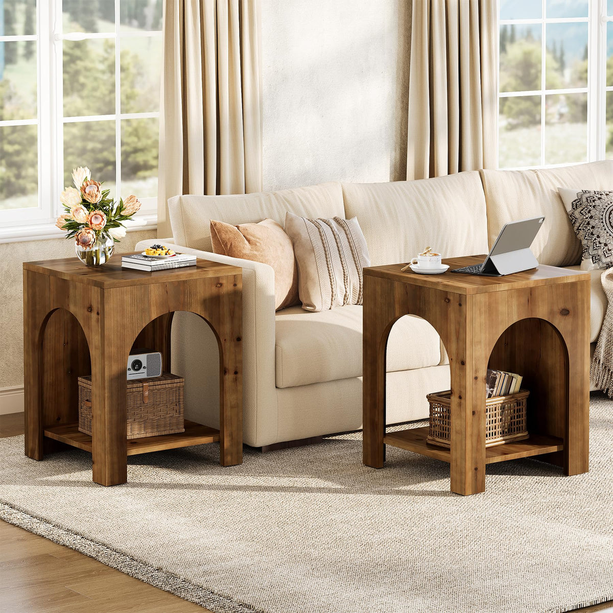 Farmhouse Wooden 2-Tier Side Table Set of 2 I40177