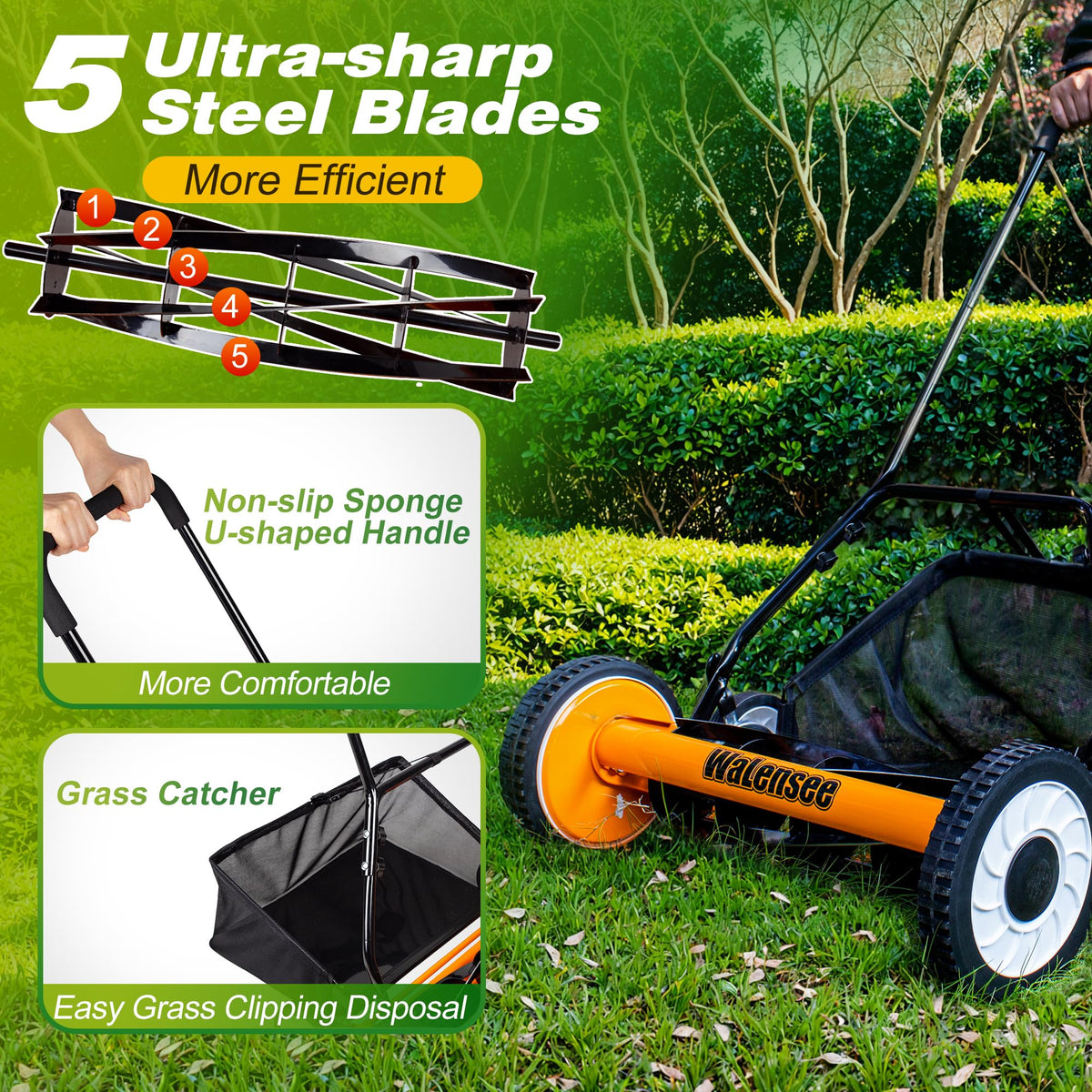 20-Inch 5-Blade Manual Reel Lawn Mower with Grass Catcher H7982
